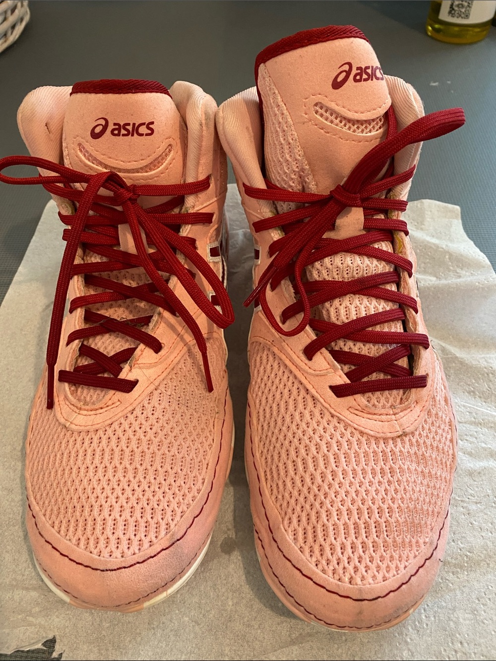 ASICS Women's Pink Athletic Mesh Sneakers with Burgundy Laces wrestling
